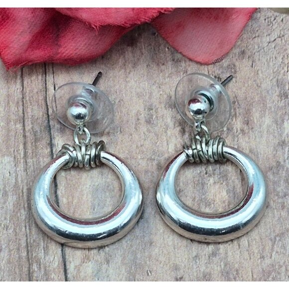 Lot of 3 Silver Tone Pierced Dangle Drop Earrings Hoops Swirl Navy Blue Centers - Picture 2 of 10